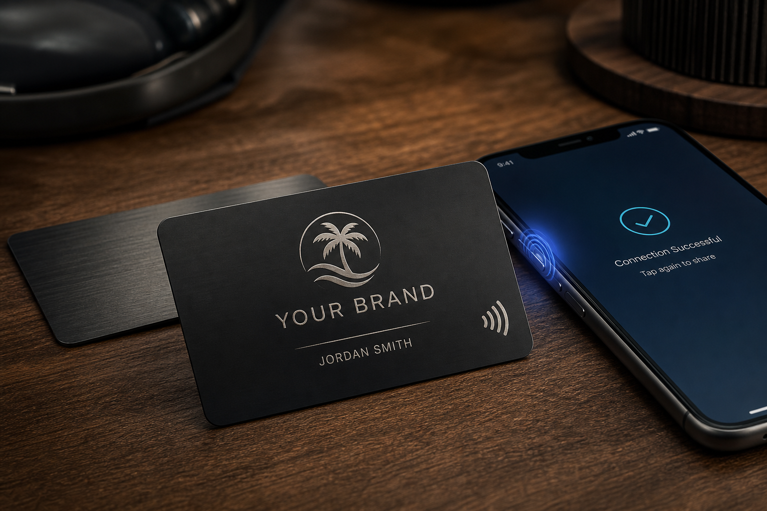 AI concept of a custom laser engraved metal NFC business card tapping to share contact information