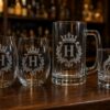 Laser etched wine glasses, beer mug and rocks glass on a bar top - glass etching in Pompano Beach, FL