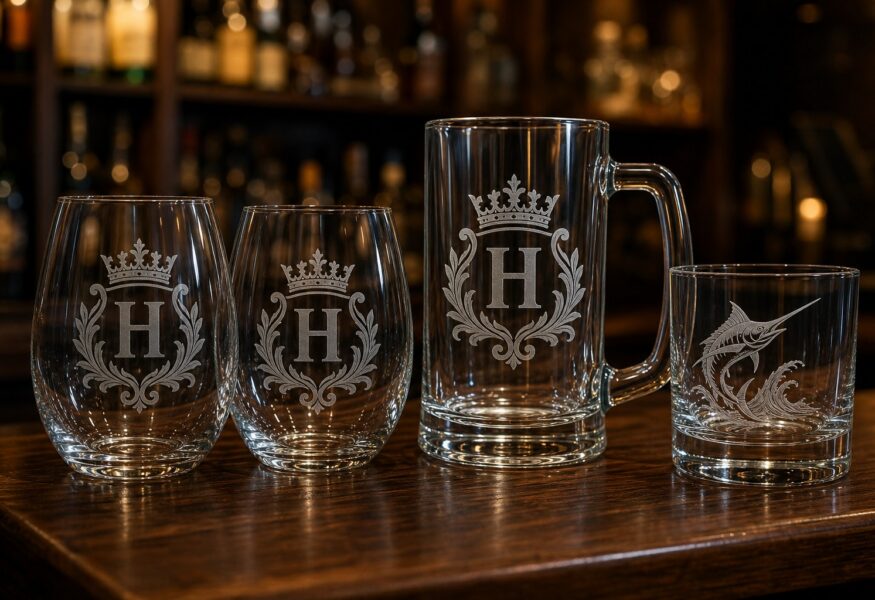 Laser etched wine glasses, beer mug and rocks glass on a bar top - glass etching in Pompano Beach, FL