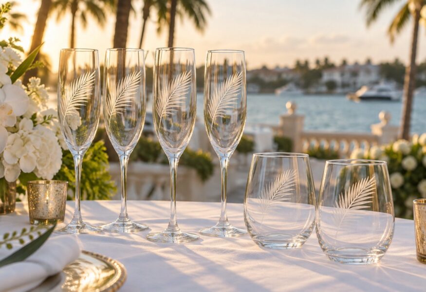 Laser-etched champagne flutes and stemless wine glasses with frosted palm frond designs on a waterfront wedding reception table