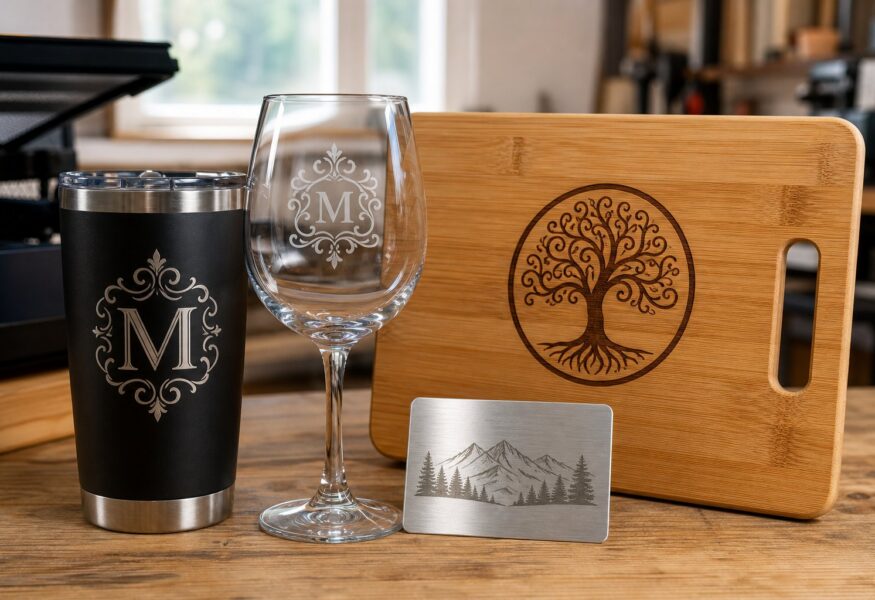Laser engraved tumbler, etched wine glass, engraved bamboo cutting board and brushed metal card on a workshop bench