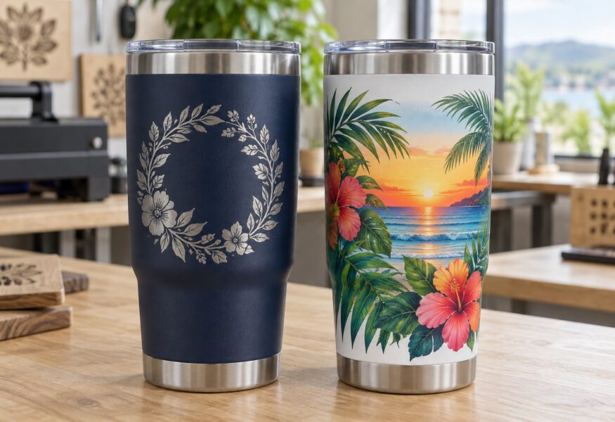 Navy tumbler with silver laser-engraved floral wreath beside a white tumbler with a full-color UV printed tropical sunset wrap