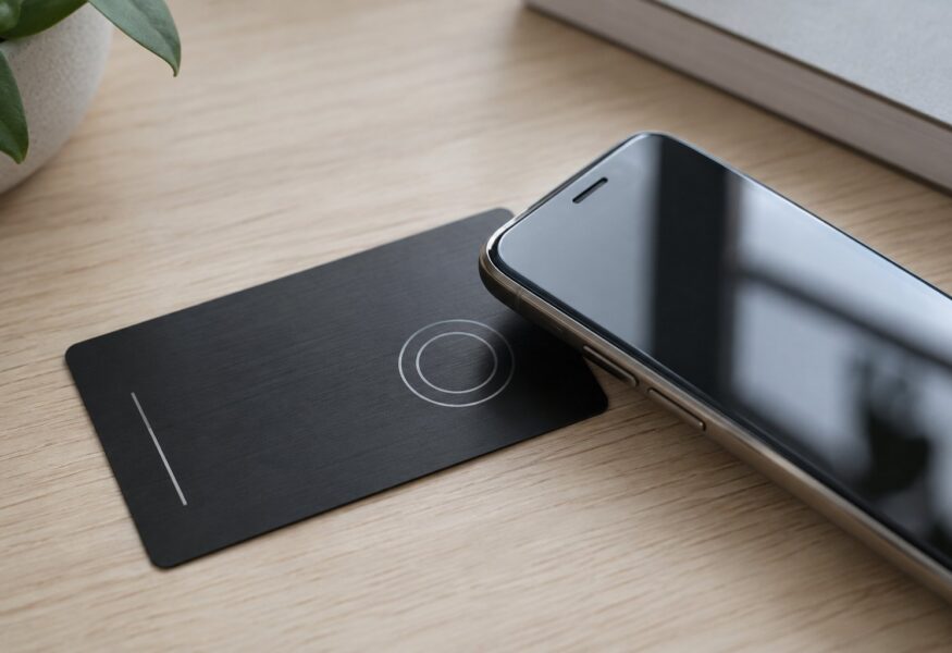 Black laser engraved metal NFC business card next to a smartphone on a wooden desk