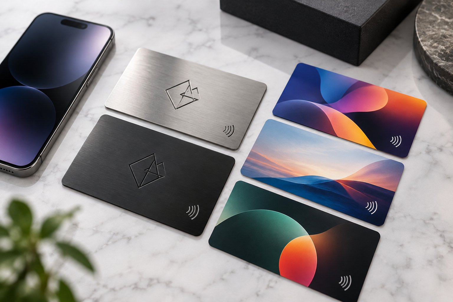 Engraved brushed silver and matte black metal NFC business cards next to custom full-color vinyl NFC cards