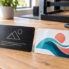 Black laser engraved metal NFC business card next to a white full-color vinyl NFC business card on a workbench