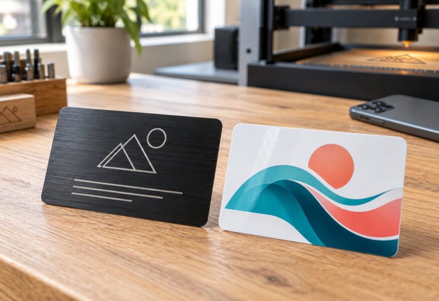 Black laser engraved metal NFC business card next to a white full-color vinyl NFC business card on a workbench