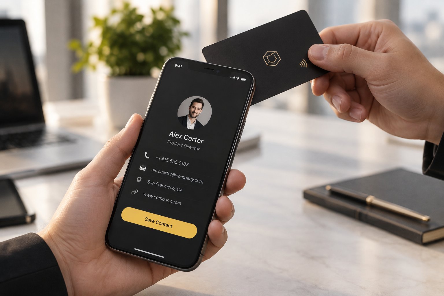 Custom metal NFC business card tapped to a phone, opening a contact profile with a Save Contact button