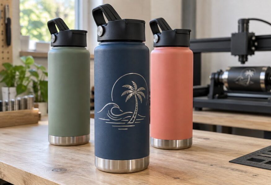 Three insulated stainless steel water bottles in navy, sage and coral, the navy bottle laser engraved with a silver palm tree and wave design, in a Pompano Beach engraving shop