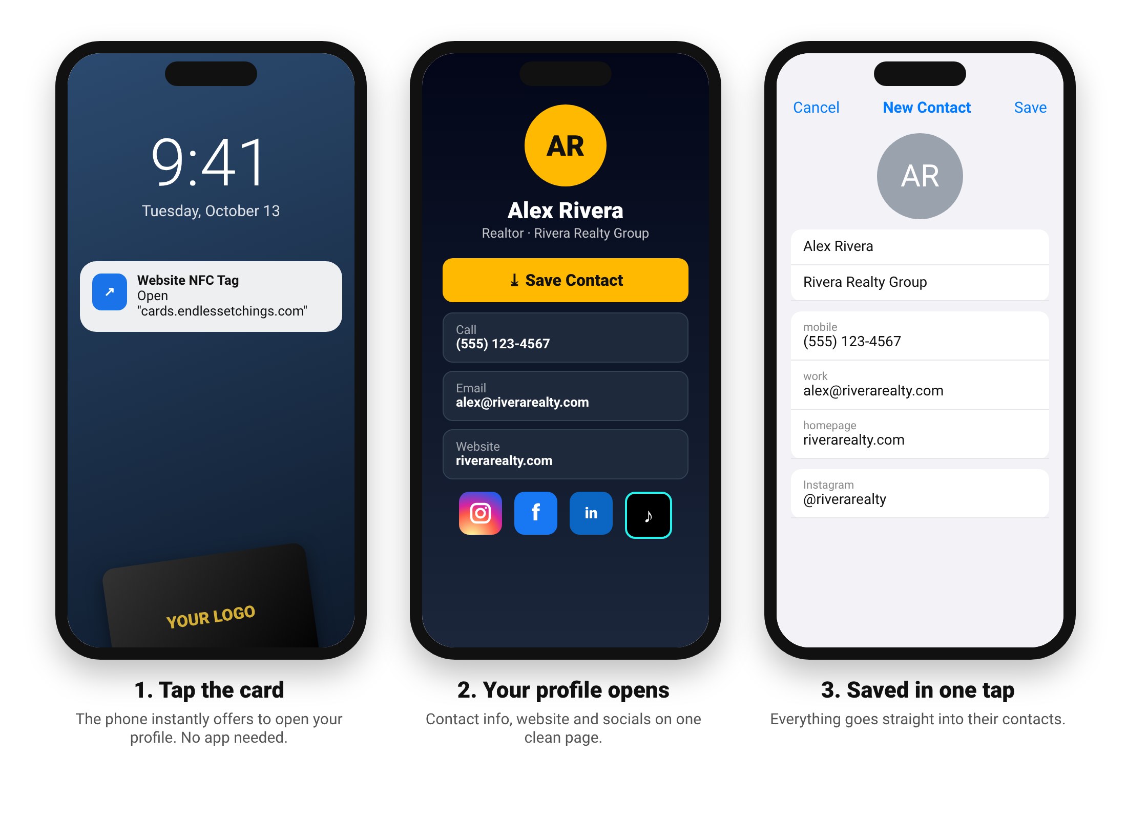 Example of what opens when you tap an NFC business card: tap prompt, digital contact profile, and saved contact on the phone